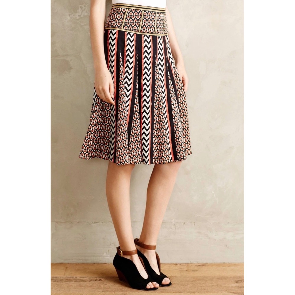 Ranna Gill Anthropologie Geometric Chevron Pleated Midi Skirt Black Orange Small